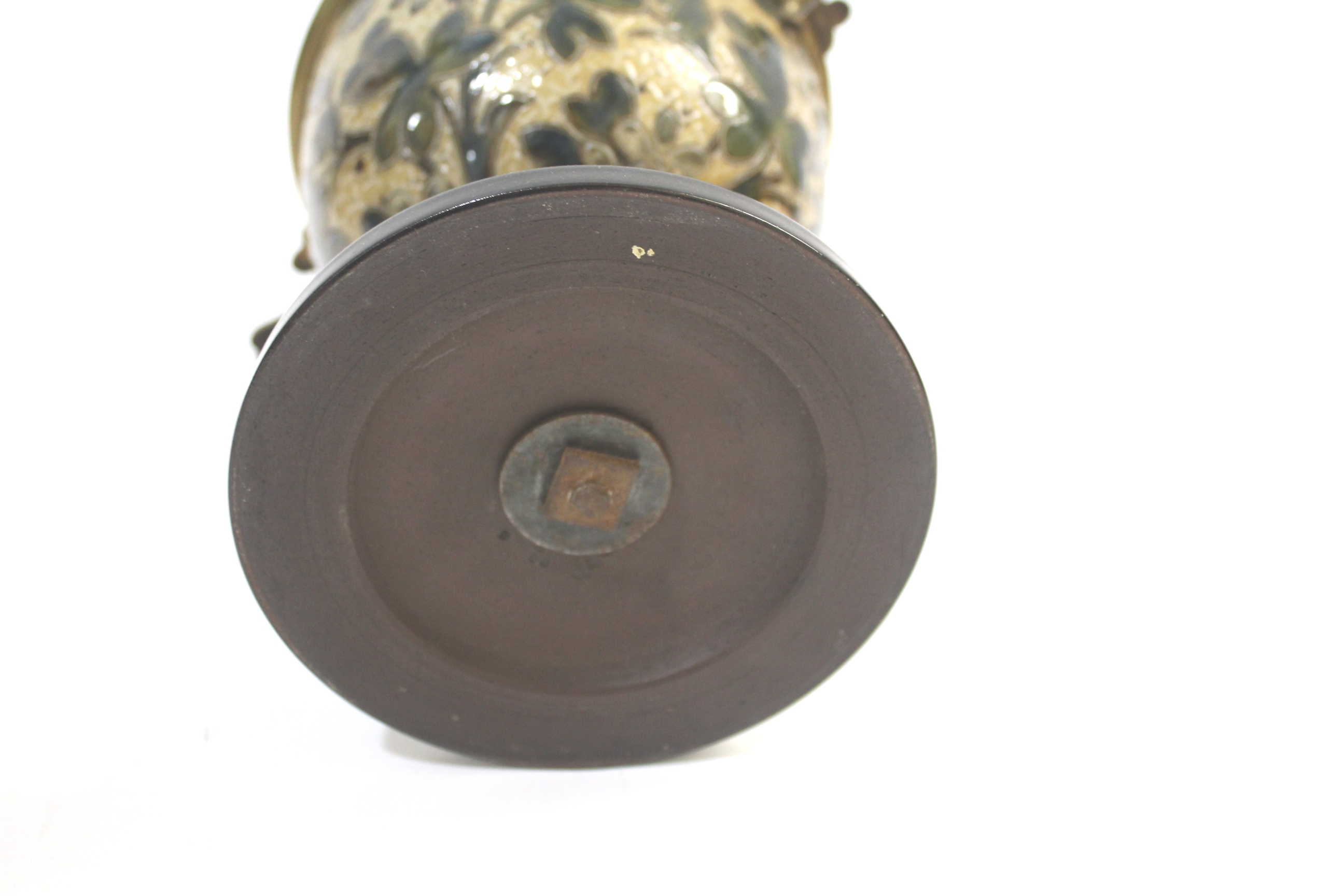 DOULTON LAMBETH OIL LAMP - 1882 a pottery and brass mounted oil lamp, with a removable font. With - Image 7 of 9