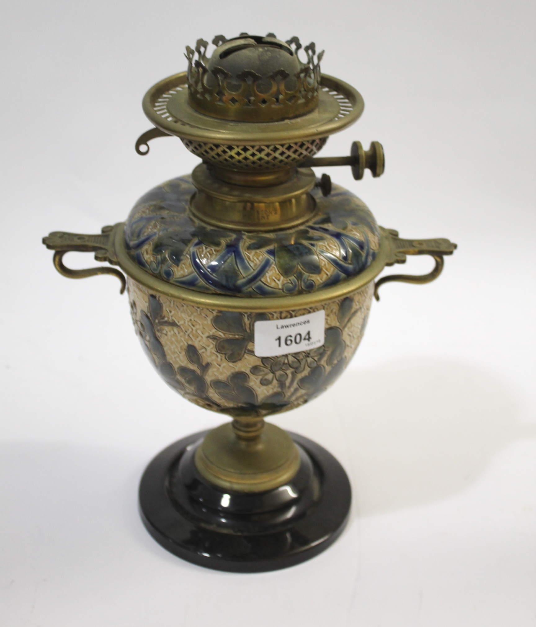 DOULTON LAMBETH OIL LAMP - 1882 a pottery and brass mounted oil lamp, with a removable font. With - Image 2 of 9