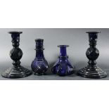 PAIR OF VICTORIAN 'BRISTOL' BLUE GLASS CANDLESTICKS, with faceted ball knop and stepped circular