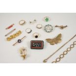 A QUANTITY OF JEWELLERY including a Victorian ruby and pearl set foliate brooch, a zircon and