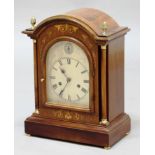 EDWARDIAN MAHOGANY MANTEL CLOCK, the arched, silvered dial with 'Silent/Chime' dial on a brass eight