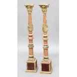 PAIR OF CONTINENTAL POLYCHROME CARVED WOOD CANDLESTICKS, perhaps Italian and 18th century, with