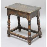 CAROLEAN OAK JOINT STOOL, the rectangular seat above a plain apron, baluster turned legs and box
