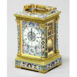 FRENCH CHAMPLEVE CARRIAGE CLOCK, circa 1880, the enamelled dial with black roman numerals and