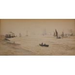 WILLIAM LIONEL WYLLIE, RA (1851-1931) VESSELS ON A BROAD RIVER (MEDWAY?) Signed and dated 1887,