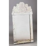 VENETIAN MIRROR, the rectangular plate inside a mirrored frame and beneath a crest, each with etched