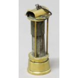 DAVY TYPE BRASS MINERS LAMP, possibly Newcastle, with hinged cover, steel gauze and brass reservoir,