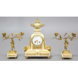FRENCH ALABASTER AND GILT METAL MOUNTED CLOCK GARNITURE, late 19th century, the enamelled dial on