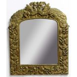 GILTWOOD WALL MIRROR, the arched plate surmounted by a pair of peacocks and framed by oak leaves and