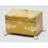 VICTORIAN LACQUERED TEA CADDY, khaki coloured with brass mounts and lion paw feet, height 14cm,