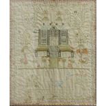 GEORGE III SAMPLER, worked in silk with two crests above a house, harrow, rhyme and the date 1806,