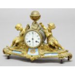 FRENCH GILT METAL AND PORCELAIN MOUNTED MANTEL CLOCK, the 3 1/4" enamelled dial inscribed Hry Marc a