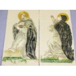 PAIR OF ITALIAN EMBROIDERIES OF SAINTS, 17th century, one at prayer the other looking up to the