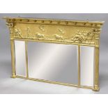 REGENCY STYLE GILT OVERMANTEL MIRROR, the neo-classical frieze with chariot and angels above a