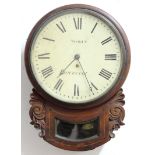 REGENCY MAHOGANY AND BRASS INLAID DROP DIAL WALL CLOCK, the 11 1/2" painted dial inscribed Noakes,