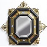 CONTINENTAL BRASS AND EBONY CUSHION MIRROR, 19th century, mounted with semi-precious stones to the