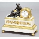 FRENCH MARBLE AND ORMOLU MOUNTED MANTEL CLOCK, late 19th century, the 3 1/2" enamelled dial