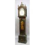 BLACK LACQUERED AND GILT LONGCASE CLOCK, the painted dial with 11" chapter ring, subsidiary