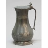 GUERNSEY PEWTER TYPE 1 FLAGON, 18th century, of lidded baluster form with banded decoration to the