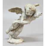 LEAD CHERUB FOUNTAIN, cast as a cherub with wings spread and holding a fish, height 60cm