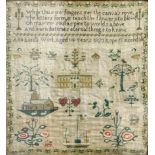 GEORGE IV SAMPLER, dated 1823, by Ann Lord of Rope St, Rochdale, worked with a rhyme above a