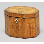 GEORGE III SATINWOOD AND PENWORK TEA CADDY of octagonal form, decorated with an urn and foliage,