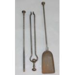 SET OF GEORGE III STEEL FIRE IRONS, with turned finials, length of poker 66cm (3)