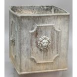 SET OF FOUR LEAD SQUARE PLANTERS, each side with a lion mask in a shaped rectangular frame, height
