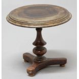 MAHOGANY MINIATURE TILT TOP TABLE, 19th century, on turned column and concave triangular base,