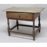 ELM SIDE TABLE, circa 1700 and later, the cleated top above a single drawer, block and baluster