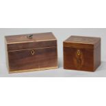 REGENCY MAHOGANY AND SATINWOOD TEA CADDY, with twin canister interior, width 19cm; together with