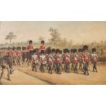 RICHARD SIMKIN (1840-1926) BAND OF THE COLDSTREAM GUARDS ON A MARCH Signed and dated 1885,
