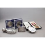 Pocket Watch, Scent Bottle, Masonic Jewel, Matchbox Cover and four Coins