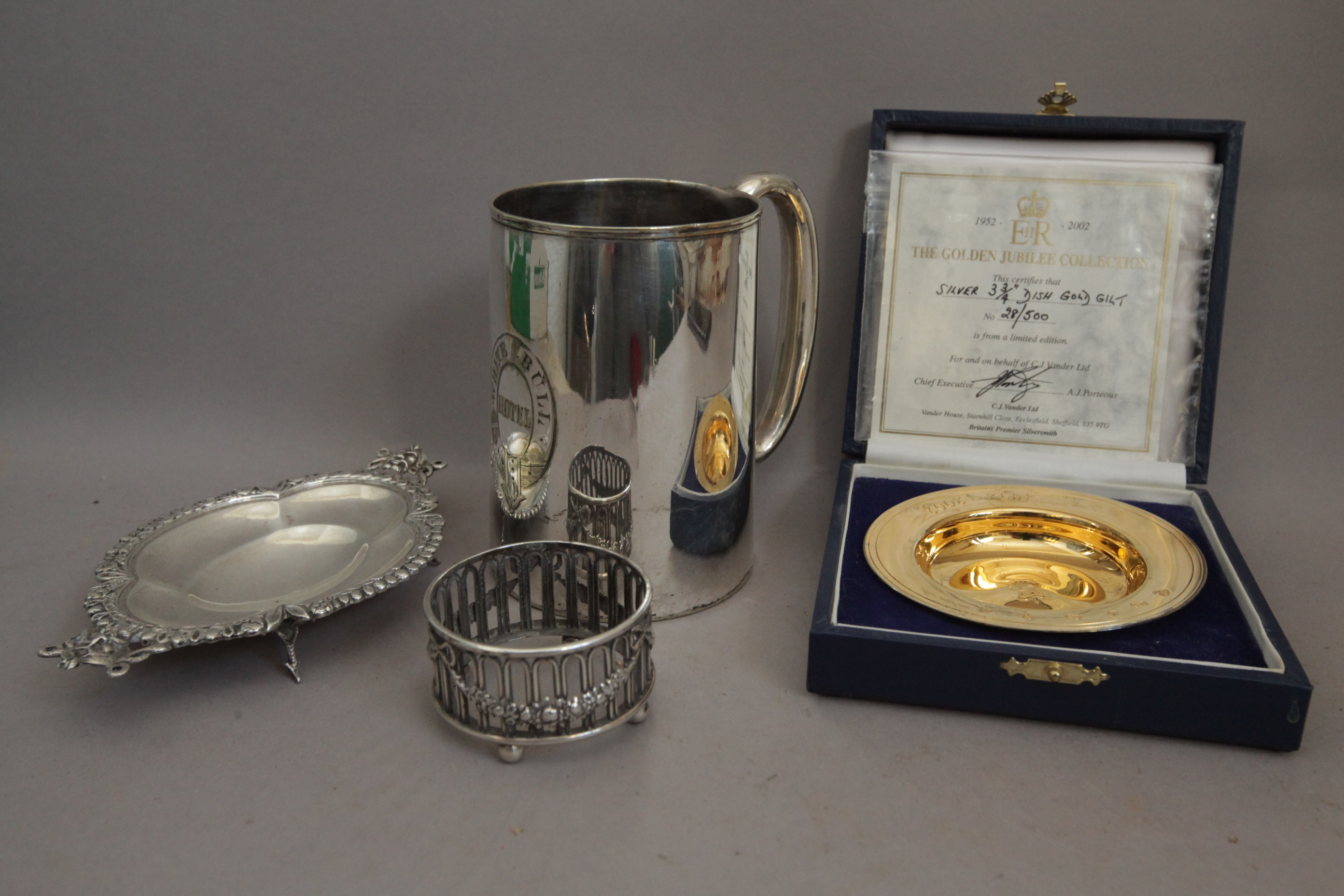 Silver Gilt Cased Commemorative Dish, etc