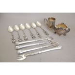 Foreign Silver: Six Teaspoons (rose stems), Four Small Forks, Salt & Miniature Cup