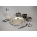 Silver: Butter Dish Finial (cow), Three Napkin Rings, Small Dish, Glass Pepper and Pair of Steel