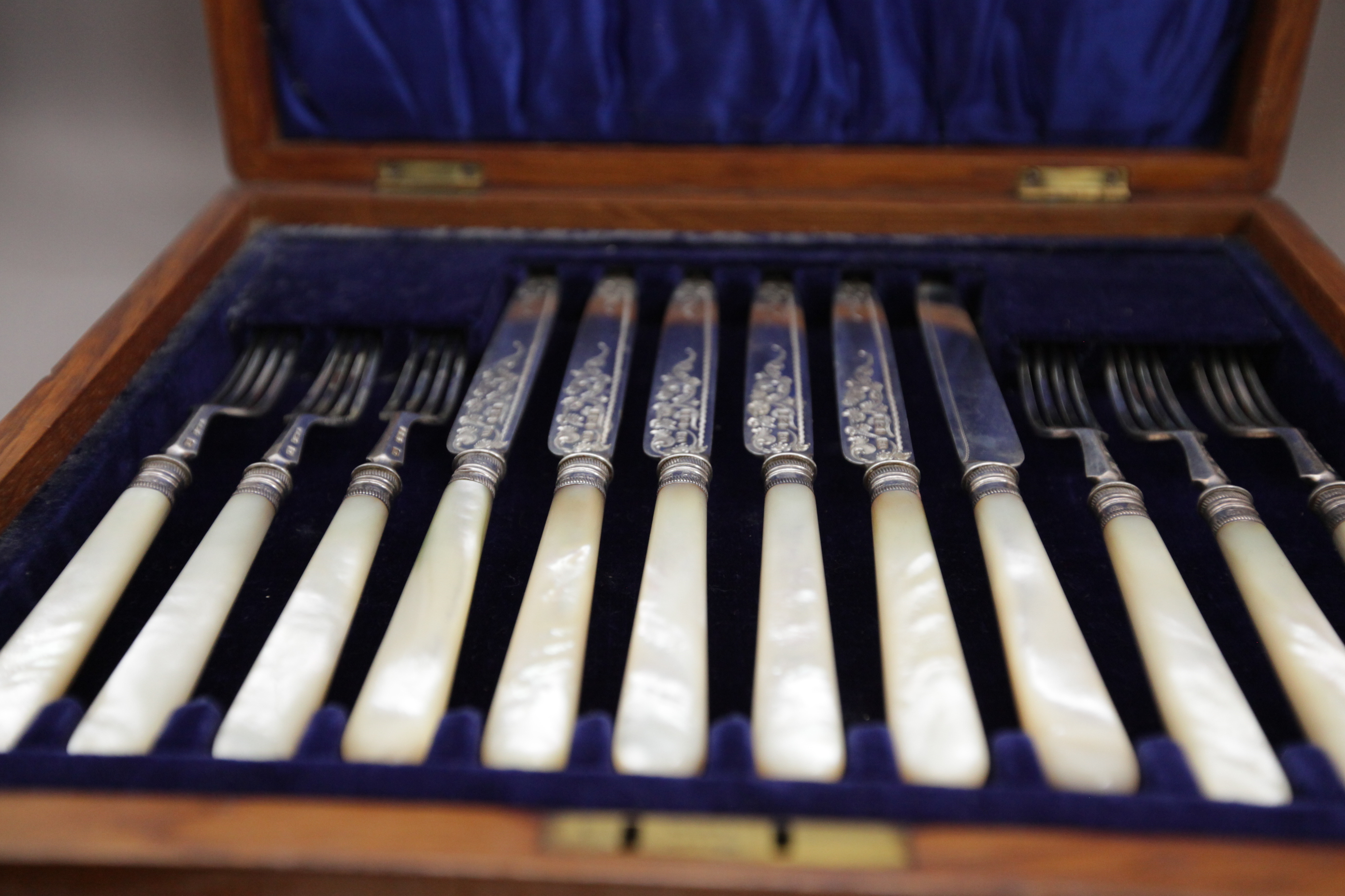 Cased Set of Six Pairs of Mother of Pearl & Silver Knives and Forks