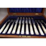 Cased Set of Six Pairs of Mother of Pearl & Silver Knives and Forks