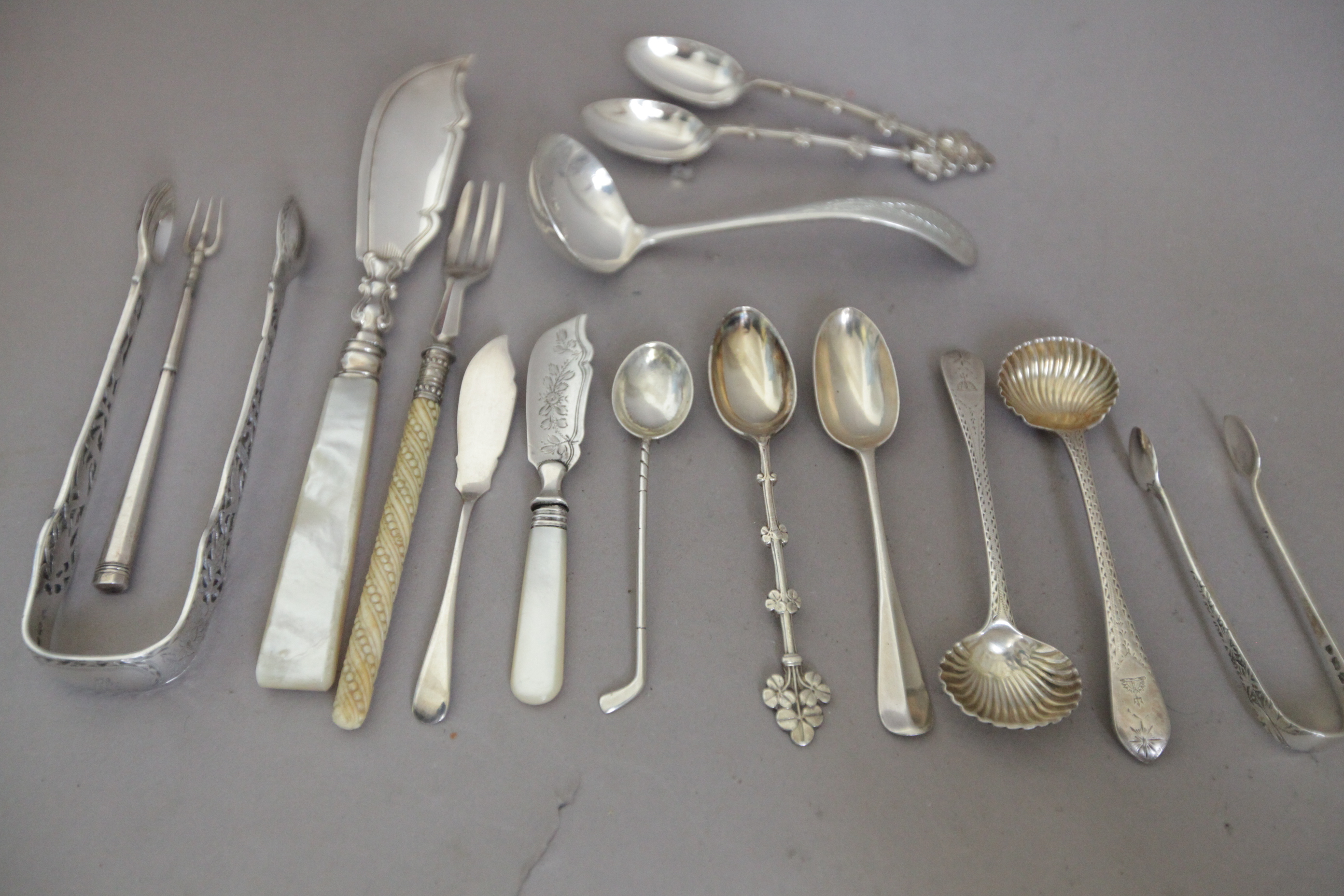 Small Silver: Two Pairs of Sugar Tongs, Pair of George IV Salt Spoons, Two Forks, Five Various