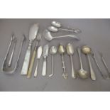 Small Silver: Two Pairs of Sugar Tongs, Pair of George IV Salt Spoons, Two Forks, Five Various