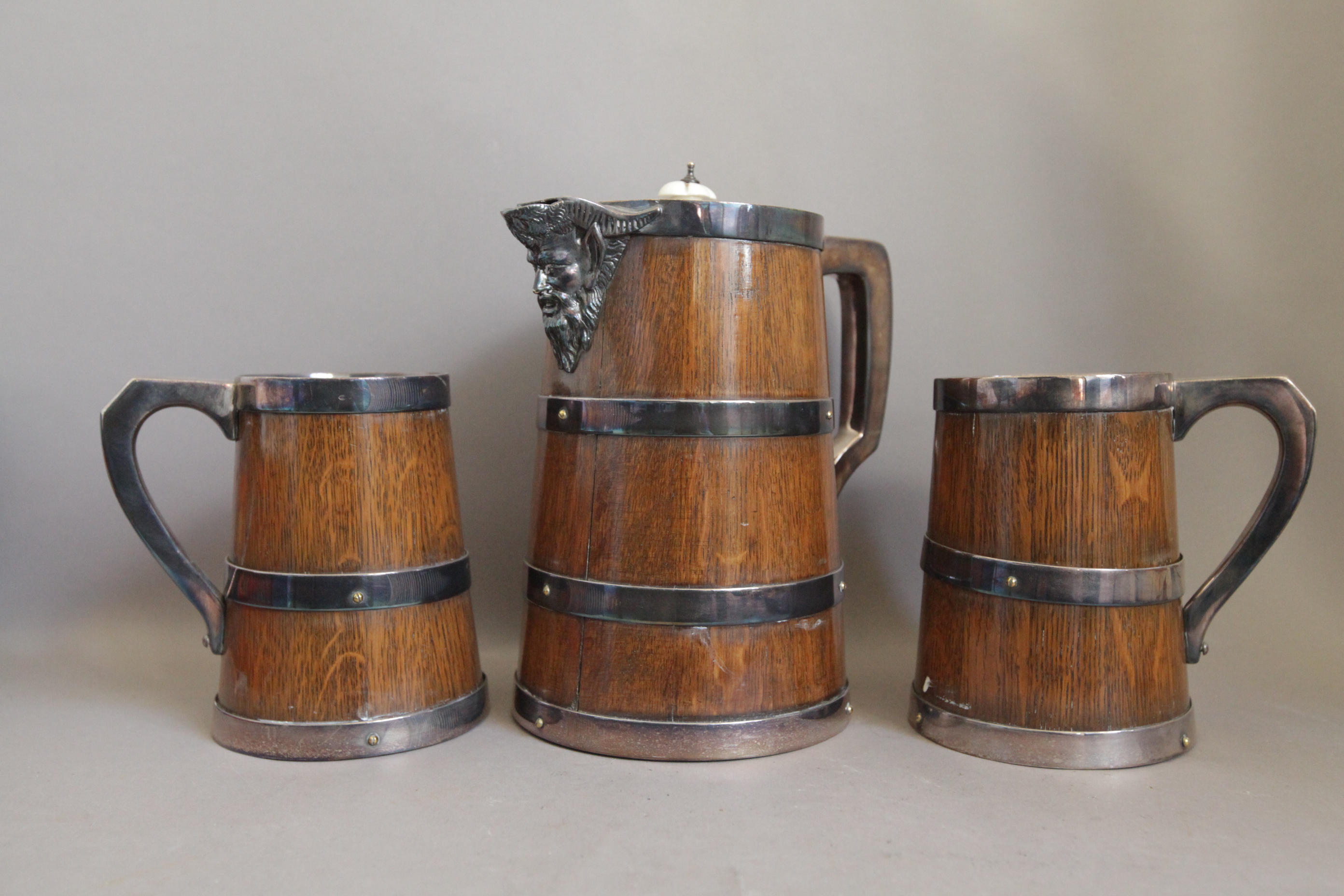 Oak and Plated Jug and Pair of Tankards