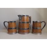 Oak and Plated Jug and Pair of Tankards