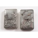 A LATE 19TH CENTURY JAPANESE PLATED PEWTER VESTA CASE in the aesthetic manner with a finch on a