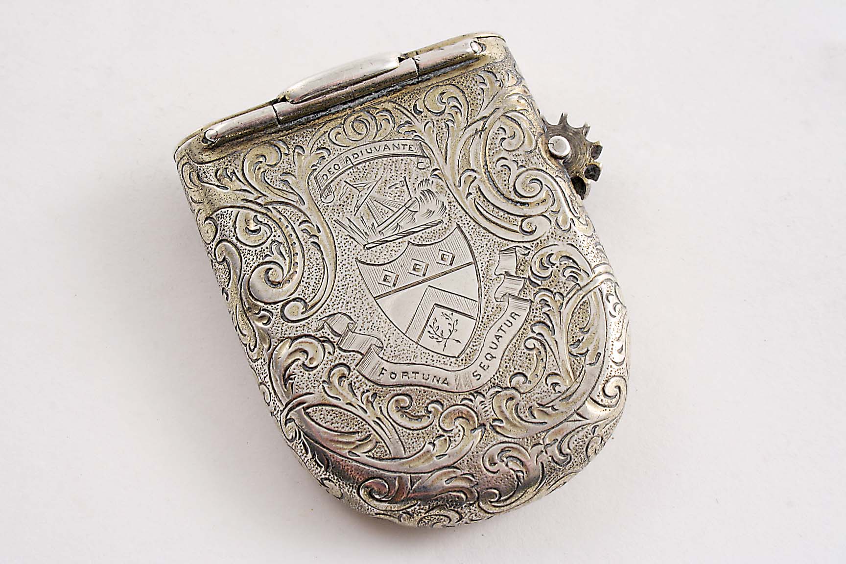 A VICTORIAN SILVER VESTA CASE & SLOW MATCH HOLDER COMBINED with two hinged covers, a knurled wheel