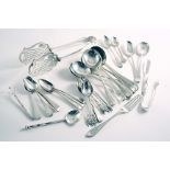 A MIXED LOT:- A set of eight Hanoverian pattern soup spoons, crested, by Walker & Hall, Sheffield