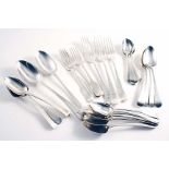 MIXED FLATWARE:- Seven George III Old English pattern dessert spoons, five tea spoons, one table