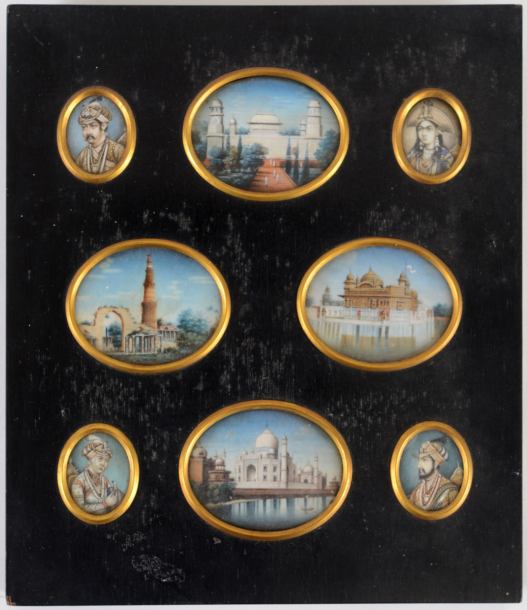 A Framed Group Of Indian Miniatures comprising four portraits of notables and four views of