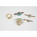 A DIAMOND, TURQUOISE AND PEARL DOUBLE HEART BROOCH mounted with two turquoise cabochons within a