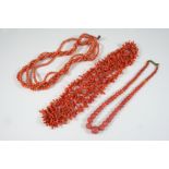 A SINGLE ROW GRADUATED CORAL BEAD NECKLACE 37cm. long, 34.5 grams, together with two other coral