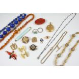 A QUANTITY OF JEWELLERY including a micromosaic clasp, a turquoise enamel pencil holder, a pair of